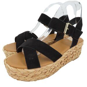 Qupid Womens 9 Black Synthetic Strappy Woven Raffia Platform Wedge Sandals Shoes